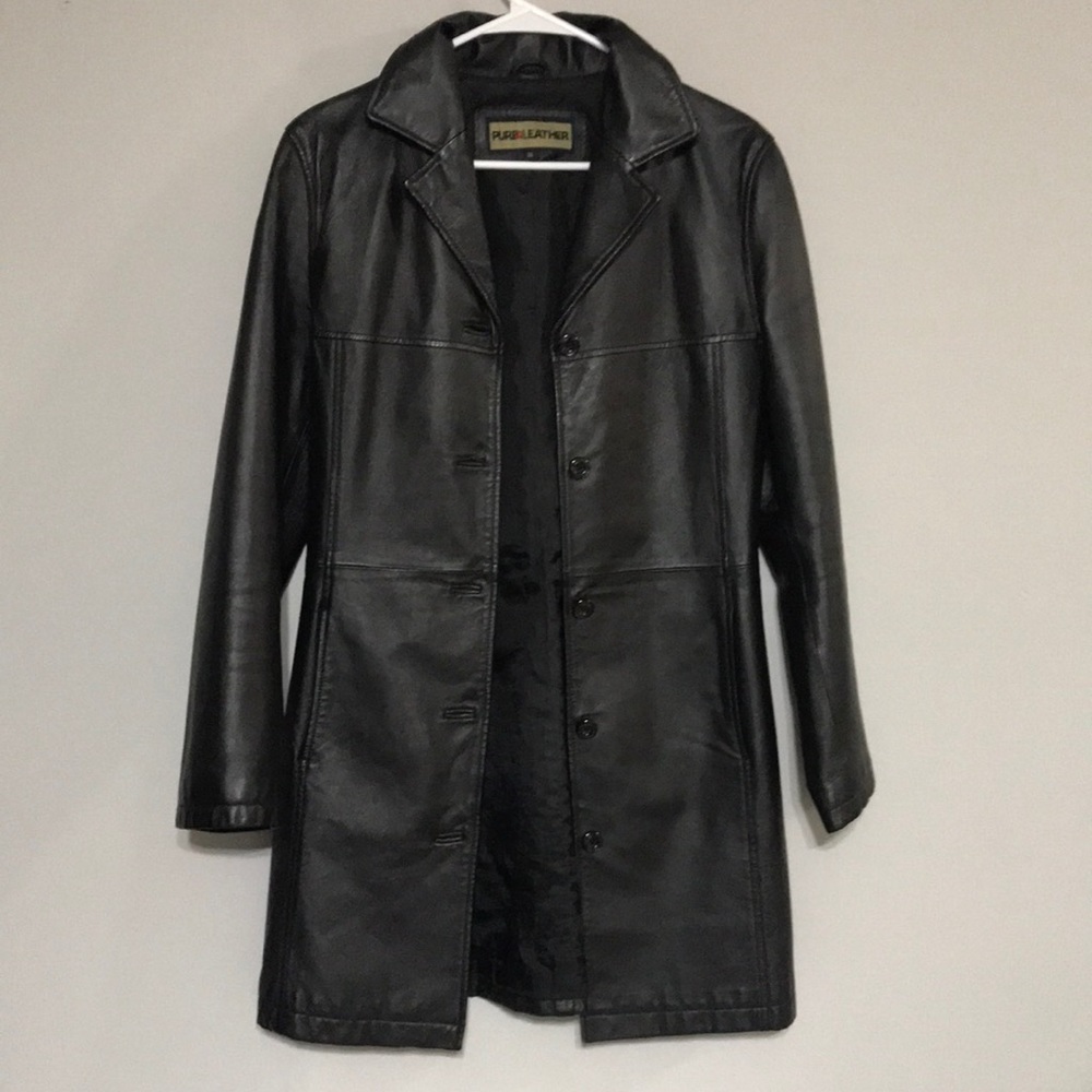 Vintage Pure Leather Black Long Button Trench Coat